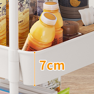 Étagère de rangement blanche avec compartiments de 7 cm de haut, pouvant contenir diverses bouteilles et contenants, dont une bouteille de jus jaune