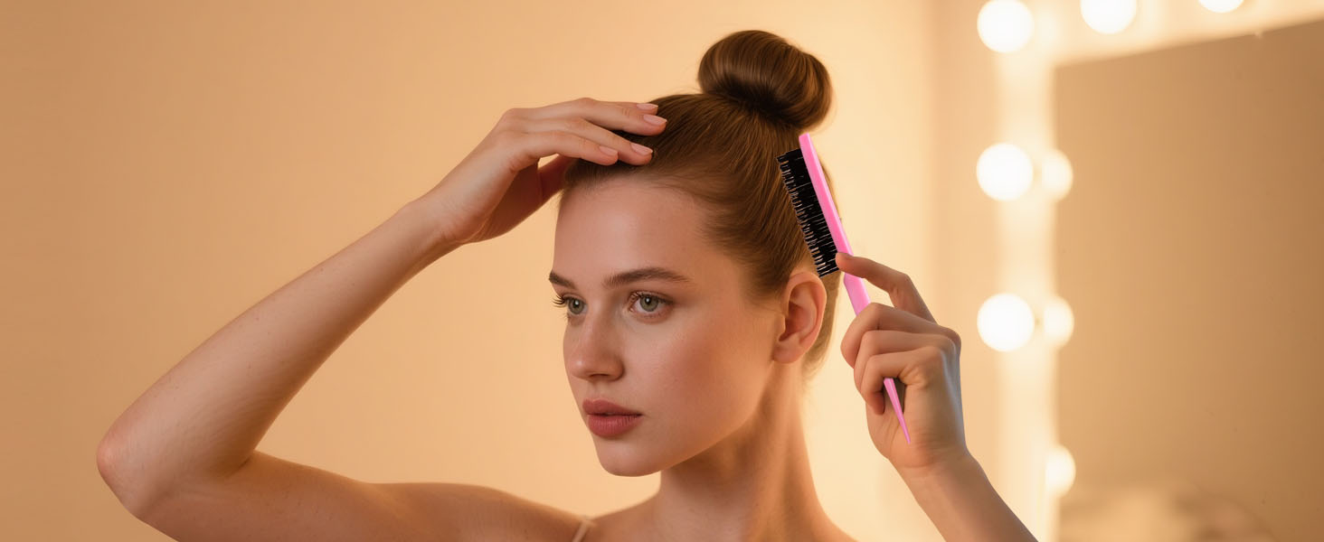 Personne coiffant les cheveux avec une brosse rose dans un cadre chaleureusement éclairé avec des lampes de vanité illuminées en arrière-plan.