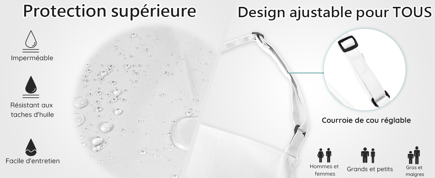 avec gouttelettes d'eau, doté de caractéristiques imperméables et respirantes. Sangles d'oreille réglables pour différentes tailles. Les icônes indiquent l'imperméabilité, l'évacuation de l'humidité et