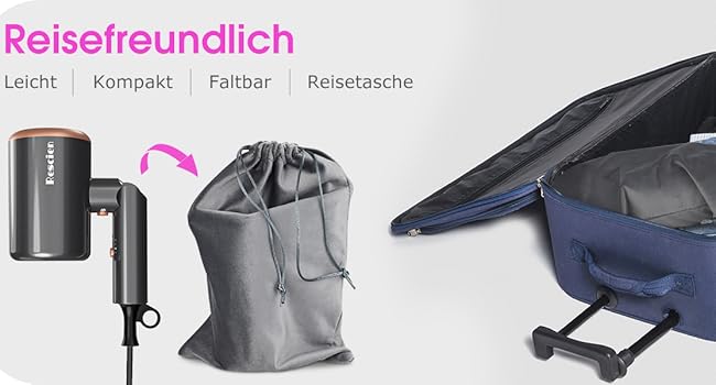 : sèche-cheveux compact, sac à cordon et valise ouverte avec vêtements. Le texte indique que les articles sont légers, compacts et pliables pour faciliter le voyage.