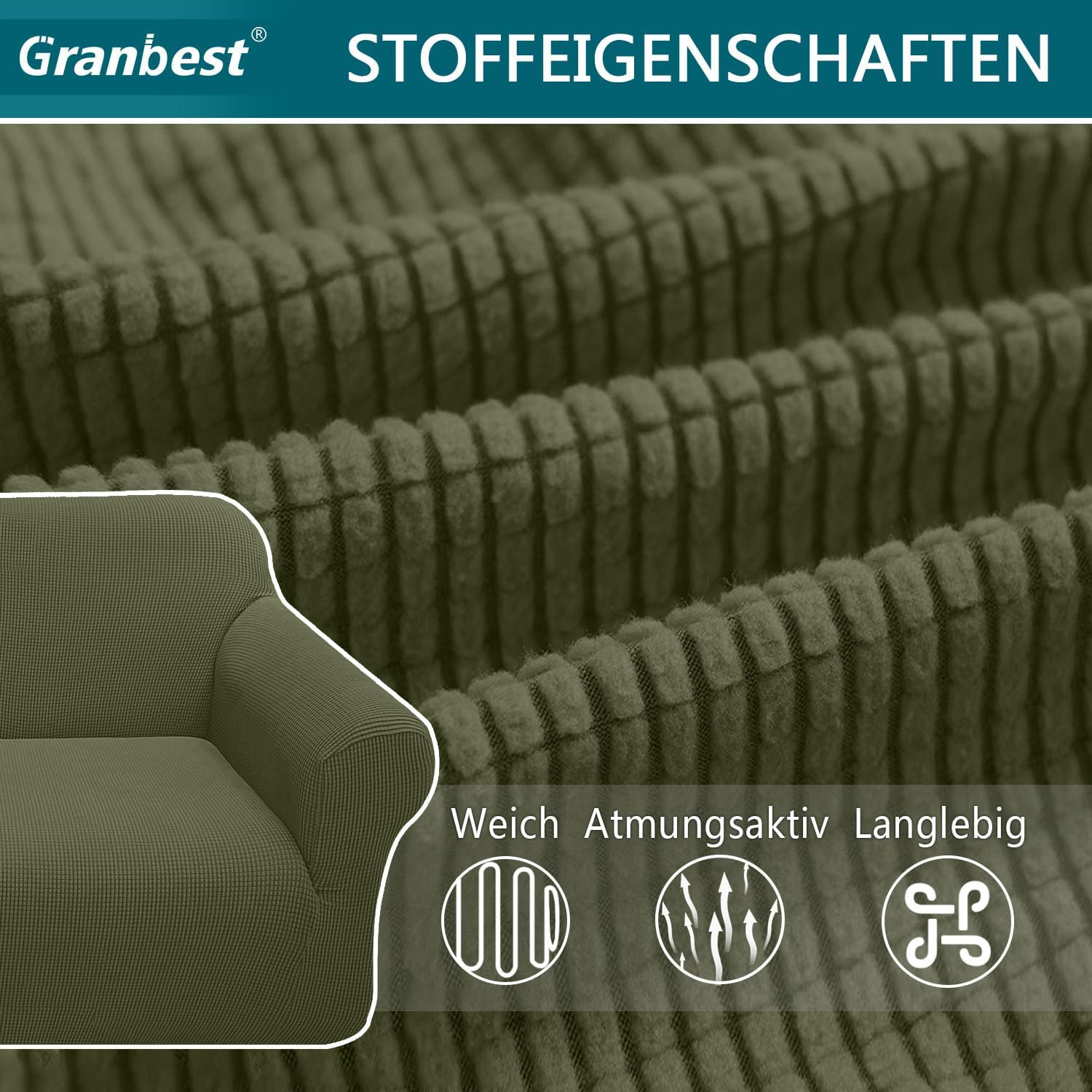 Granbest - housse canapé extensible jacquard - 3 places - vert, protection animaux