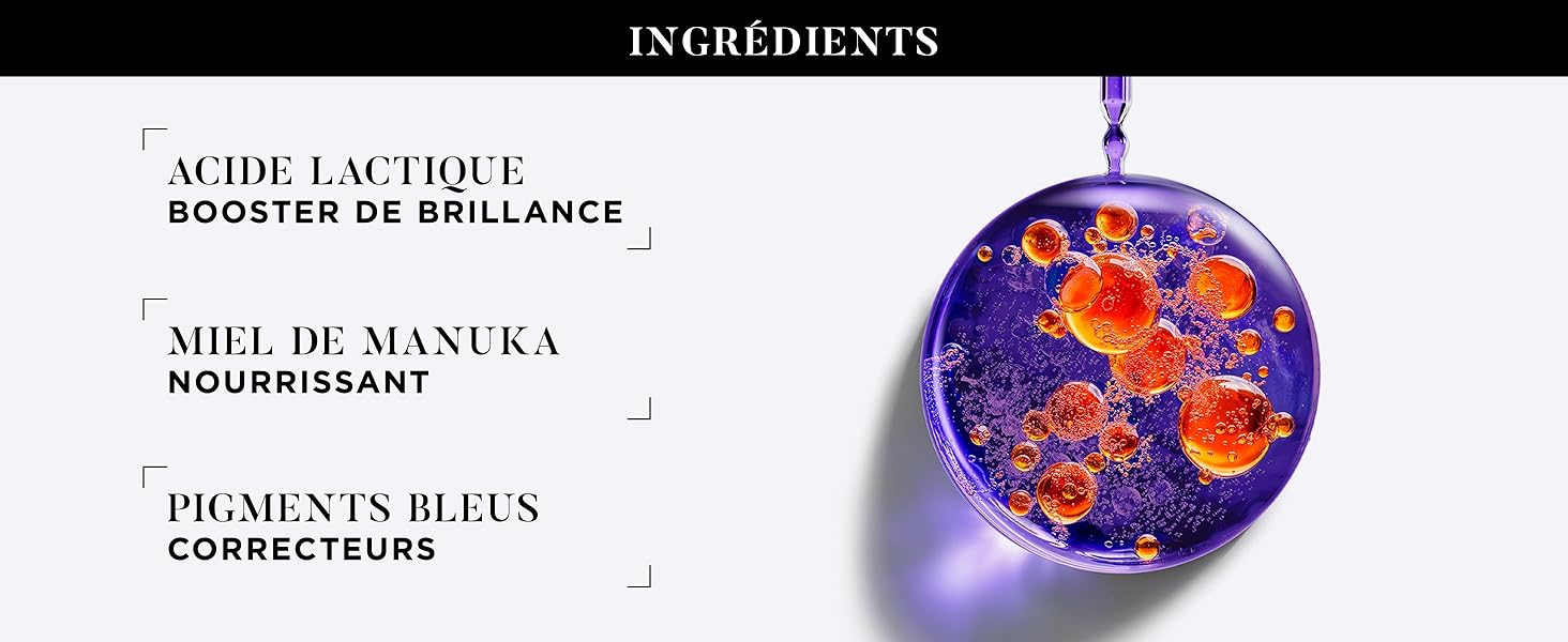Le texte indique « INGRÉDIENTS », « ACIDE L-LACTIQUE BOOSTER DE BRILLANCE », « MIEL DE MANUKA NOURRISSANT ». Schéma des ingrédients du produit avec des éléments circulaires violets et oranges.