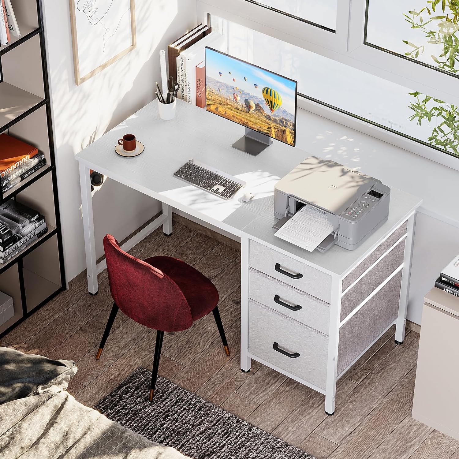 Coleshome - bureau 3 tiroirs tissu, 100x48cm, réversible, porte-casque