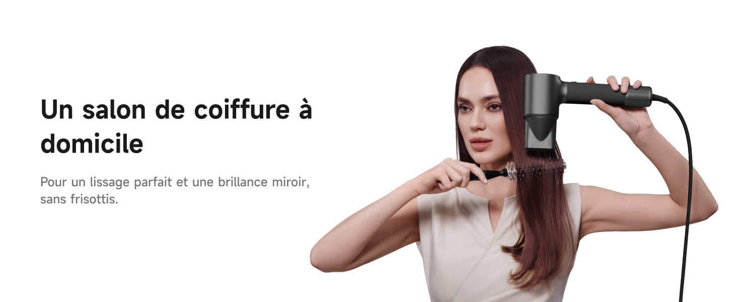 Le texte se lit comme suit : « Un salon de coiffure à domicile » et « Pour un lissage parfait et une brillance miroir sans frisottis ». Série d'images montrant le processus de coiffure avec des outils de lissage.