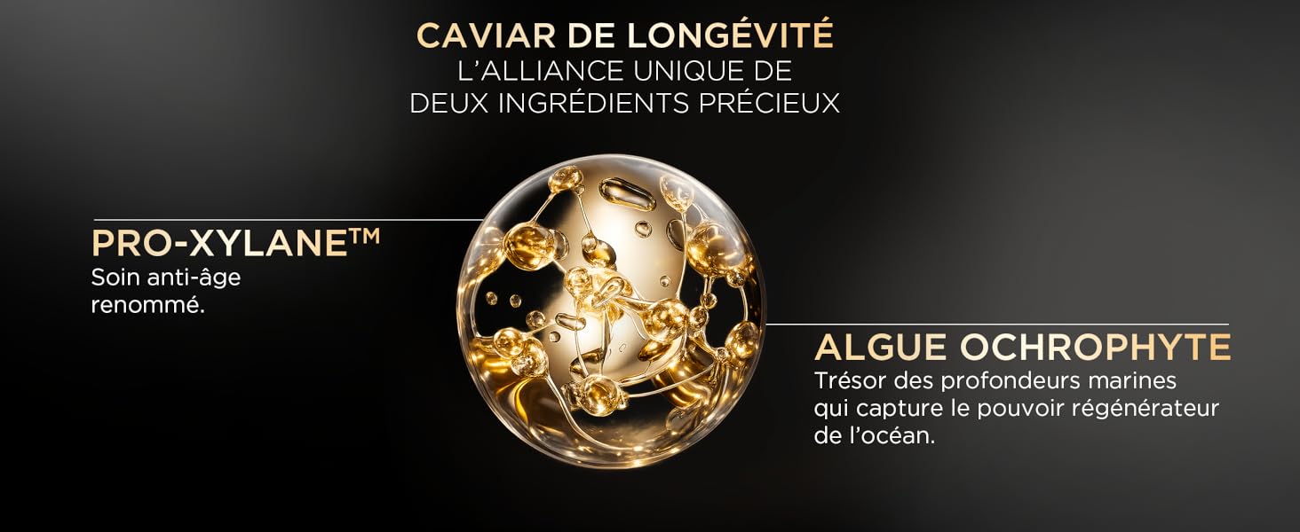 Le texte indique « CAVIAR DE LONGÉVITÉ », « PRO-XYLANE » et « ALGUE OCHROPHYTE ». Montre des sphères dorées dans un liquide sombre sur fond noir.