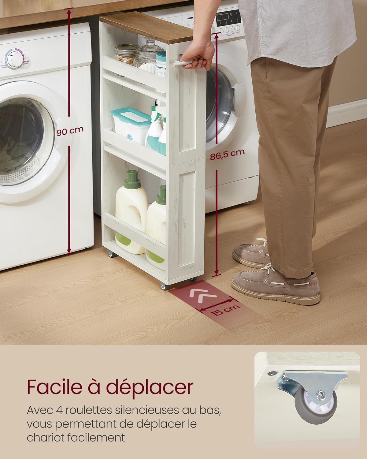 VASAGLE - chariot de rangement 4 niveaux - 15x43,2x86,5 cm - roulettes, poignée, blanc rustique et marron miel, LRC050K0