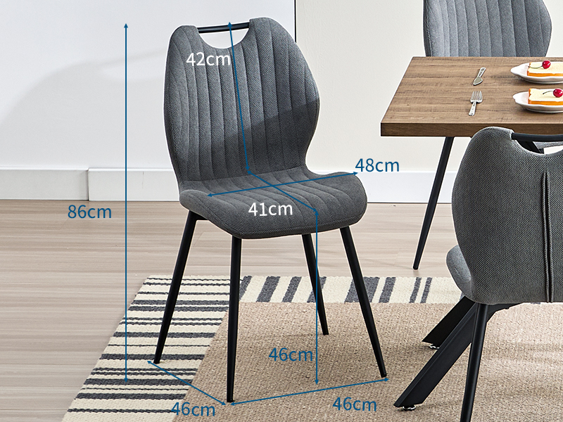 avec pieds en métal noir, montrant les dimensions détaillées : 86 cm de hauteur, 41 cm de largeur, 46 cm de profondeur et 48 cm de hauteur d'assise