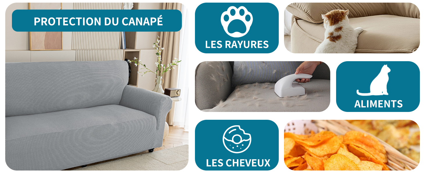 avec des icônes indiquant la protection contre les rayures, les cheveux et les taches alimentaires. Tissu gris présenté sur un canapé.