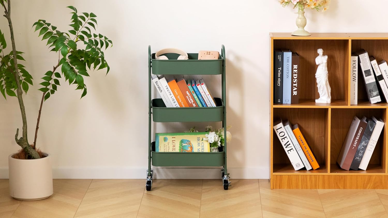 DOEWORKS - chariot à roulettes 3 niveaux métal, 43x36x86cm, vert herbe