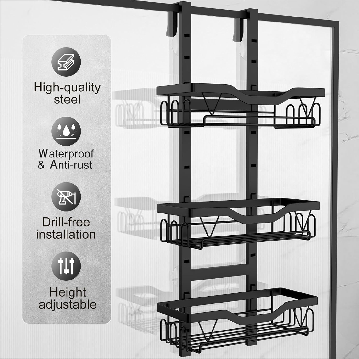 Étagère de douche suspendue - 3 paniers réglables, sans perçage, noir, organiseur 3 couches