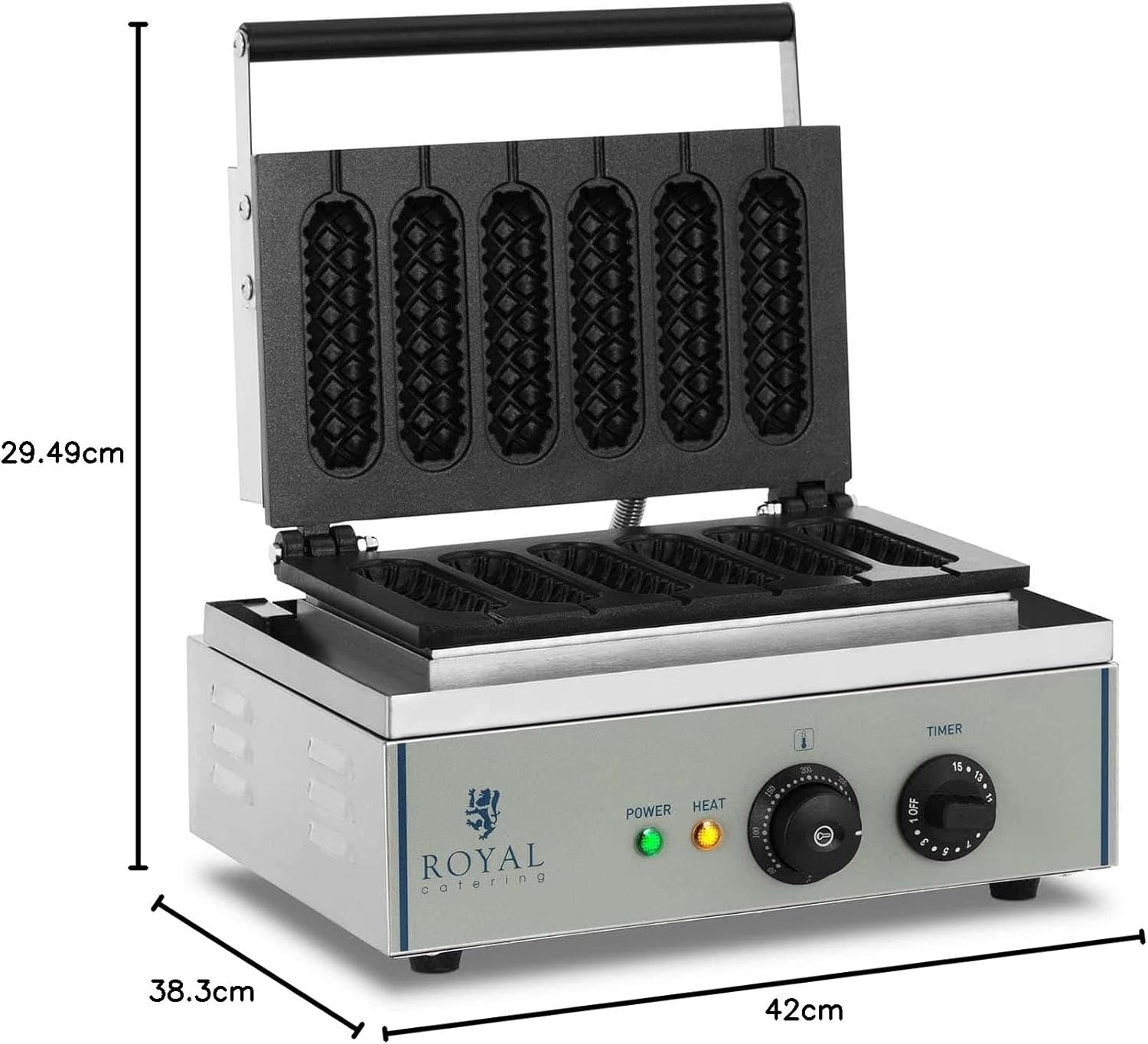 Royal Catering - gaufrier 6 bâtonnets, 1500W, minuterie, 29,5x38,3x42cm - RCWM-1500-S