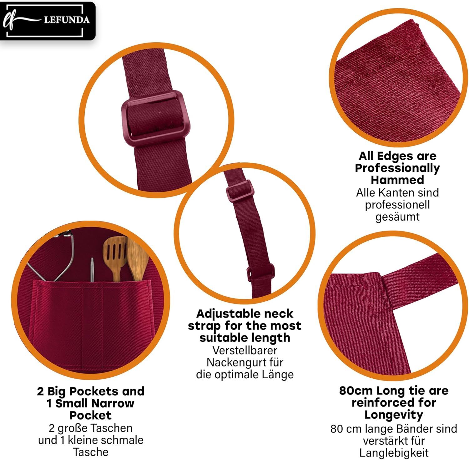 LEFUNDA - tablier cuisine réglable 3 poches étanche - longues lanières