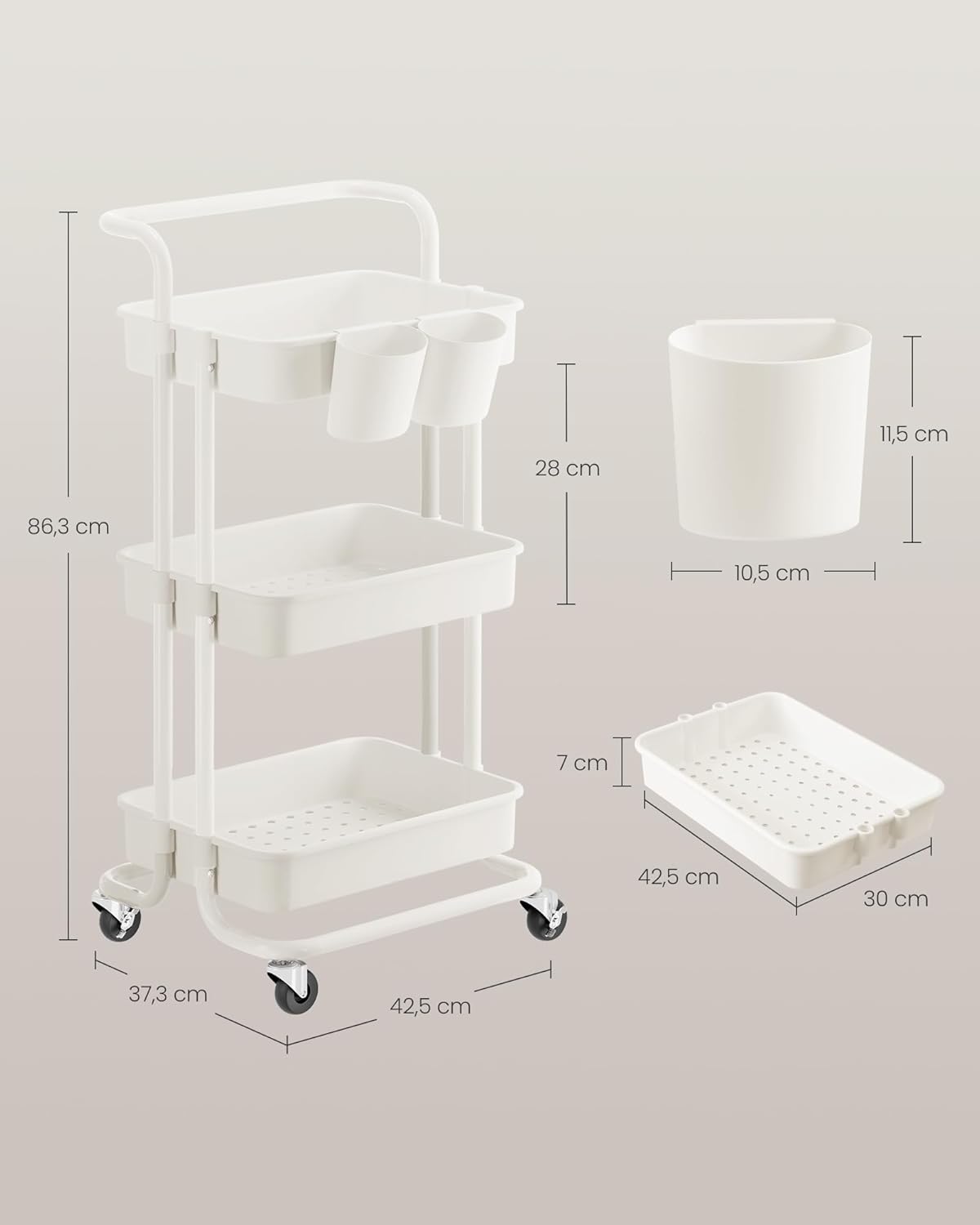 SONGMICS - chariot de rangement 3 niveaux - blanc - 2 pots, 2 freins, poignée, paniers plastiques - BSC067W01