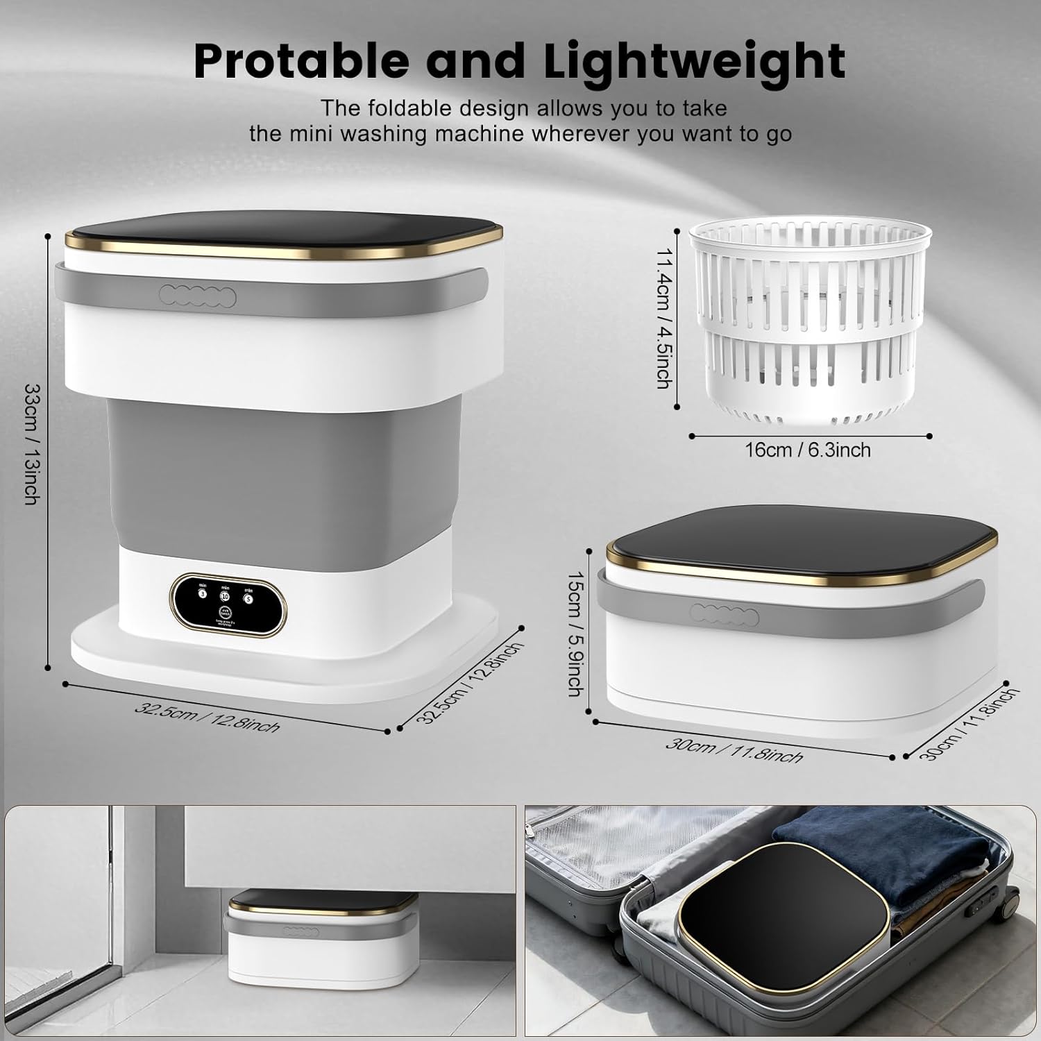 Mini machine à laver - 15L - portable, essorage, 3 modes, compacte