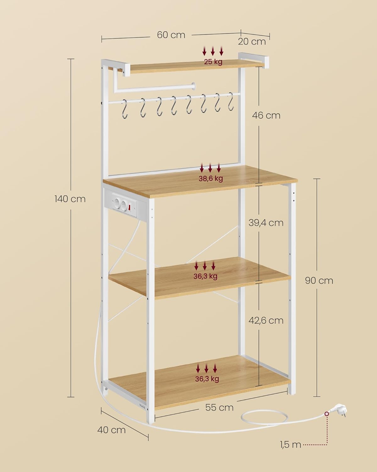 VASAGLE - étagère cuisine bar café 40x60x140cm 4 niveaux multiprise KKS014Y02