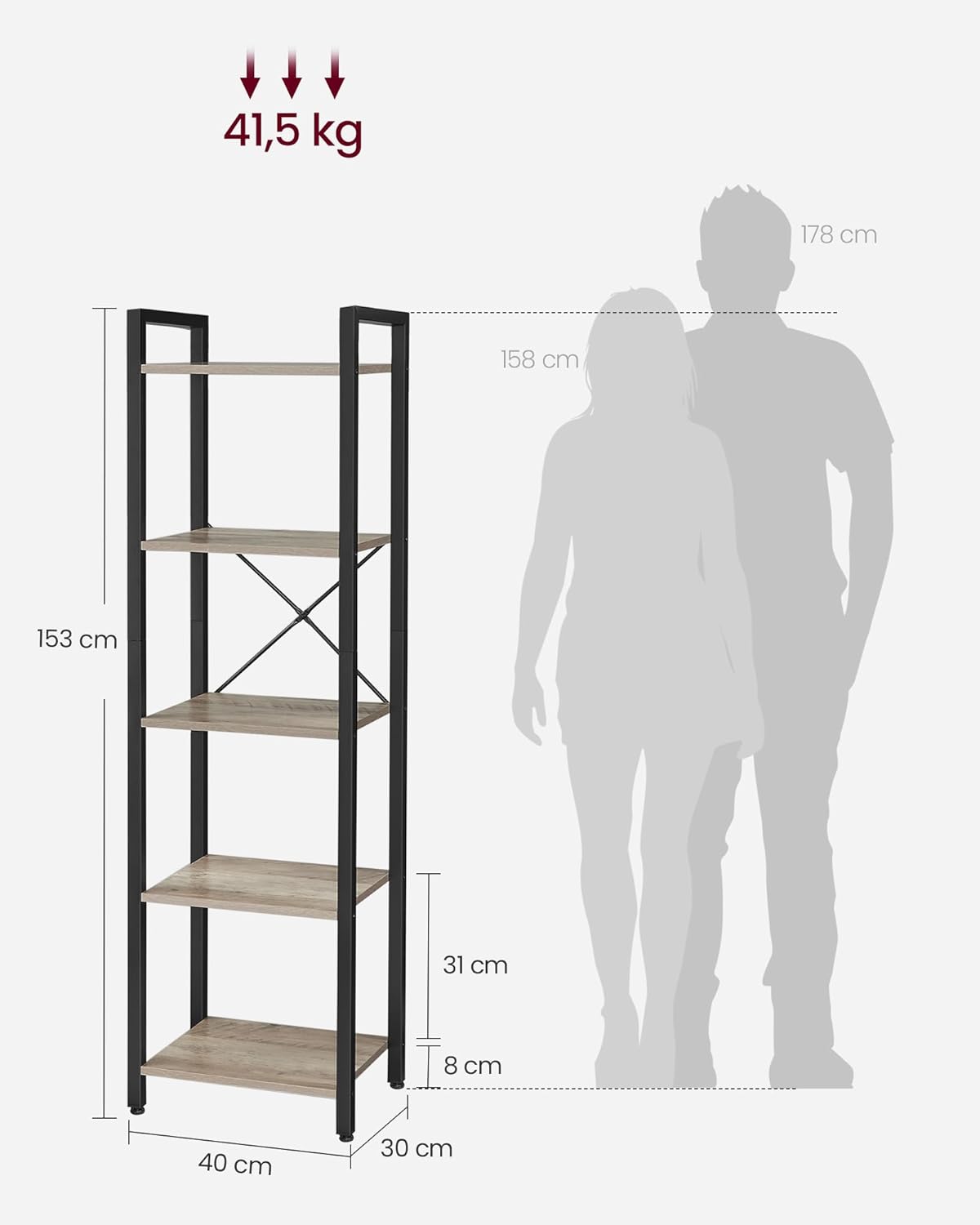 VASAGLE - étagère industrielle 5 niveaux 30x39,6x154cm, rangement LLS100B02