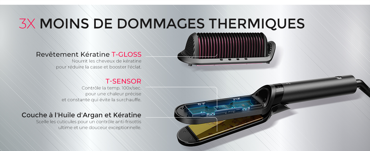 Le texte indique « MOINS DE DOMMAGES THERMIQUES ». Schéma technique du produit ou illustration avec texte en français.