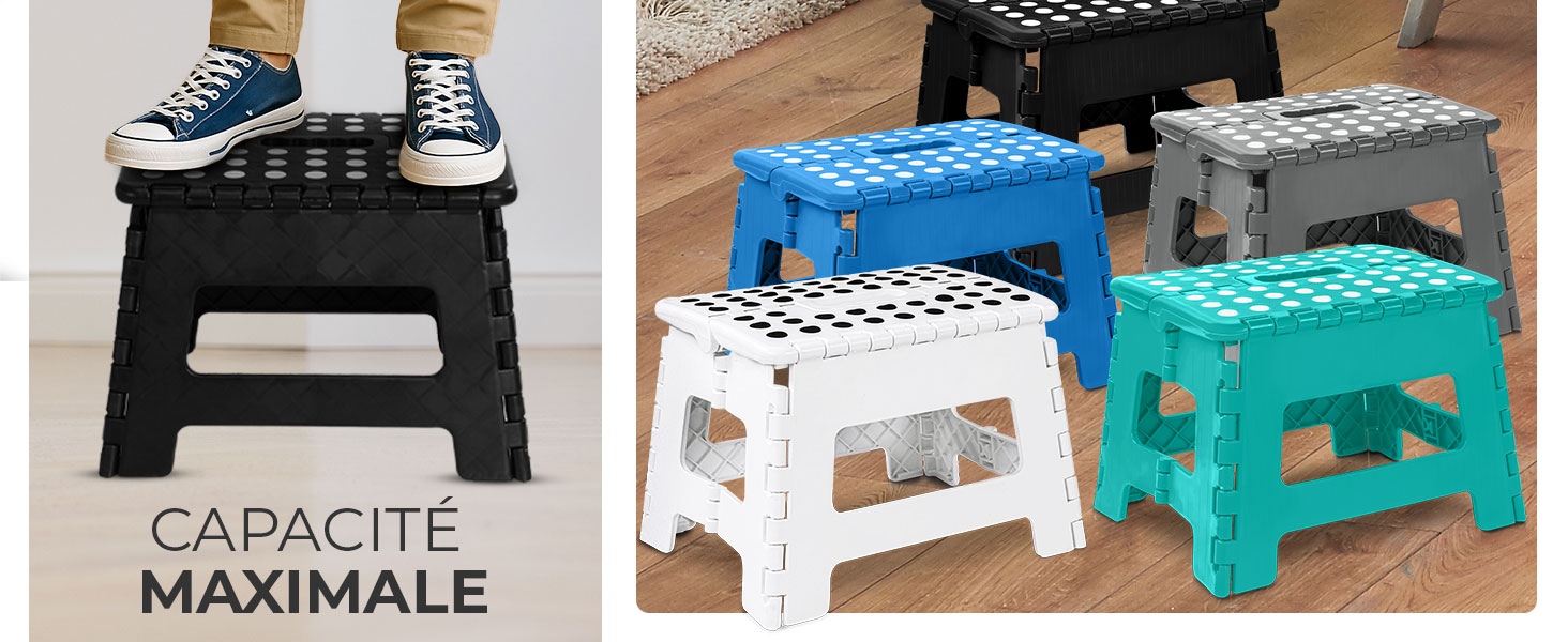 de différentes couleurs. Personne debout sur un tabouret noir démontrant sa capacité de poids. Le texte « CAPACITÉ MAXIMALE » est visible. Plusieurs tabourets présentés en bleu, blanc, bleu sarcelle et gris