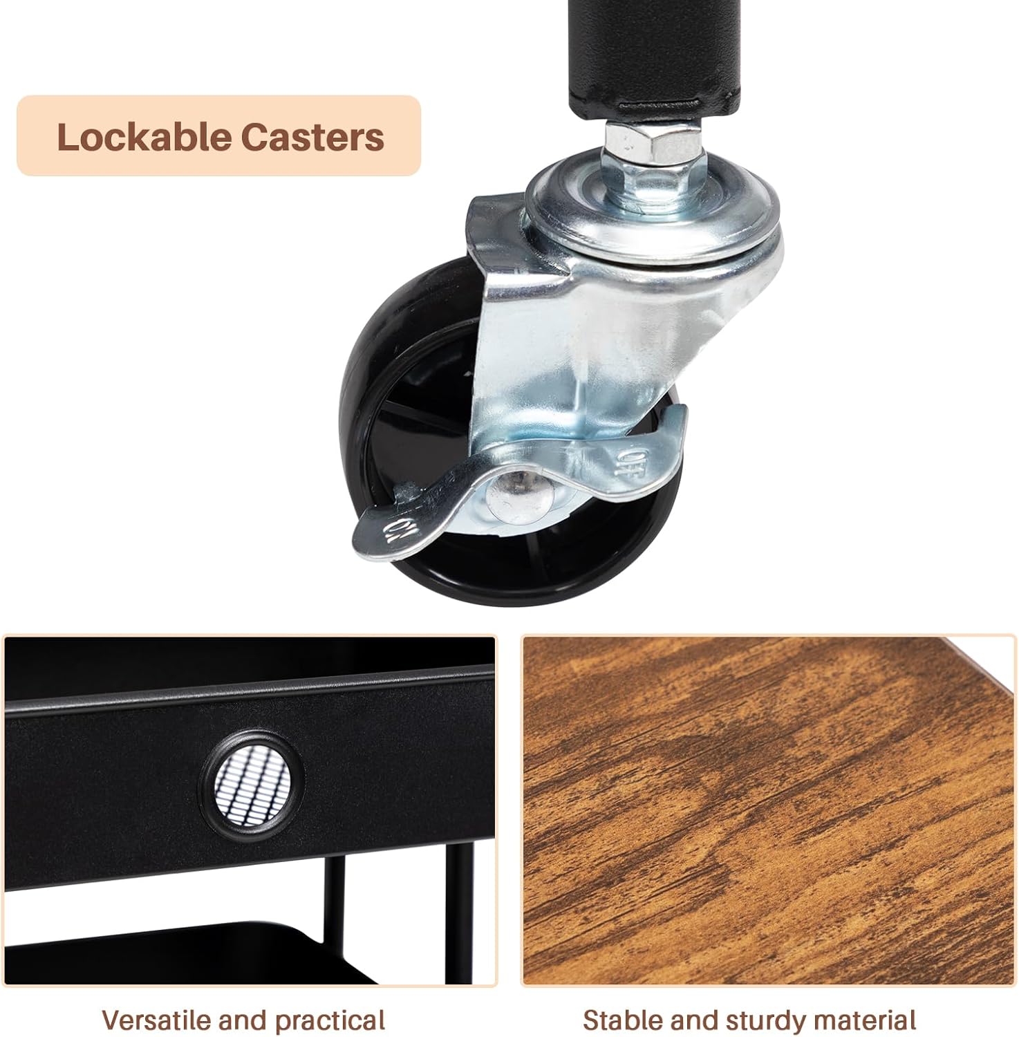 DOEWORKS - chariot 3 niveaux, métal, tiroir, noir, rangement mobile