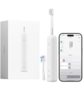 Ensemble de brosse à dents électrique intelligent comprenant une brosse à dents blanche, une base de chargement, une boîte d'emballage et une interface d'application complémentaire pour smartphone.