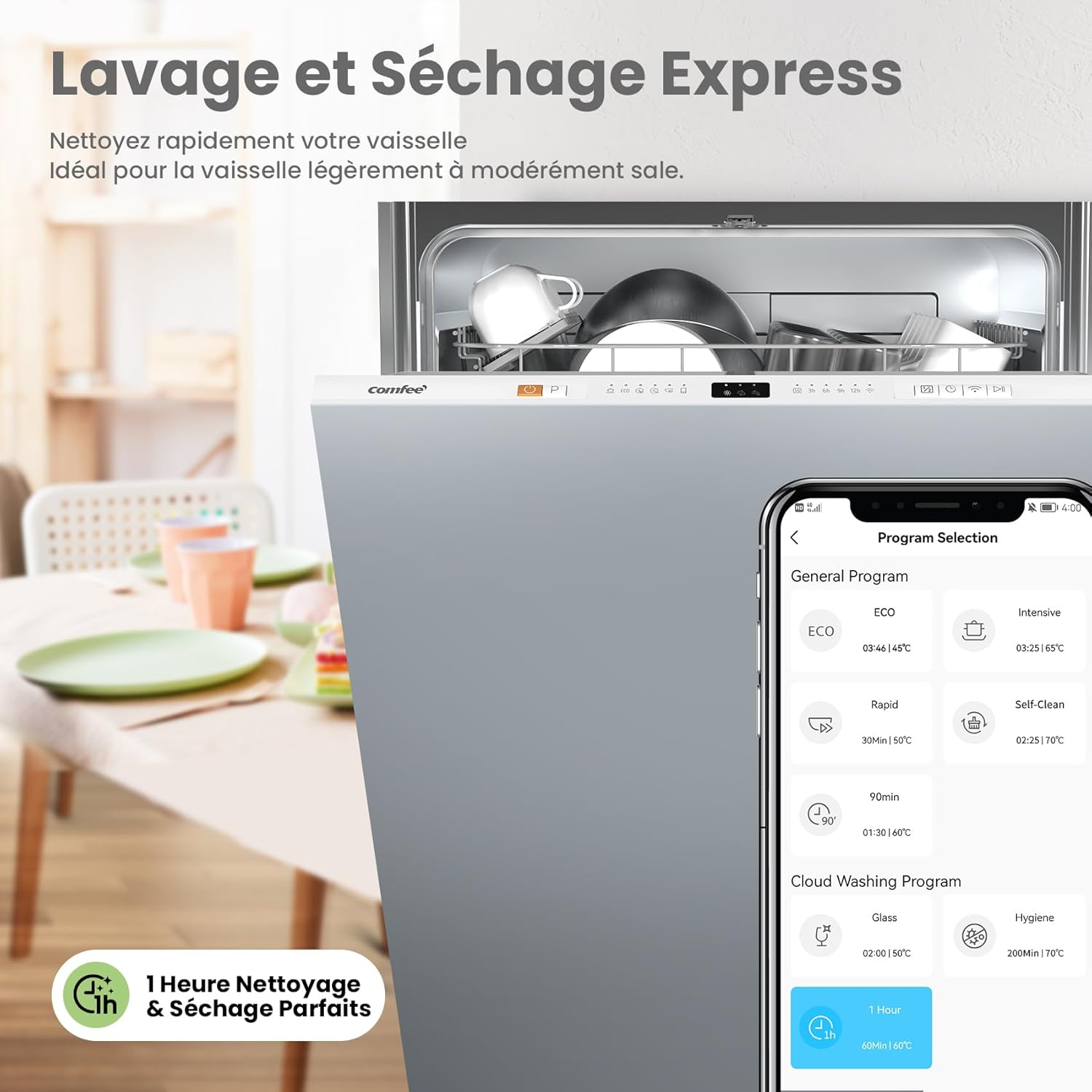COMFEE' - Lave-vaisselle série Cloud Wash - 12 couverts, démarrage différé, séchage supplémentaire, encastrable - CDWPB1