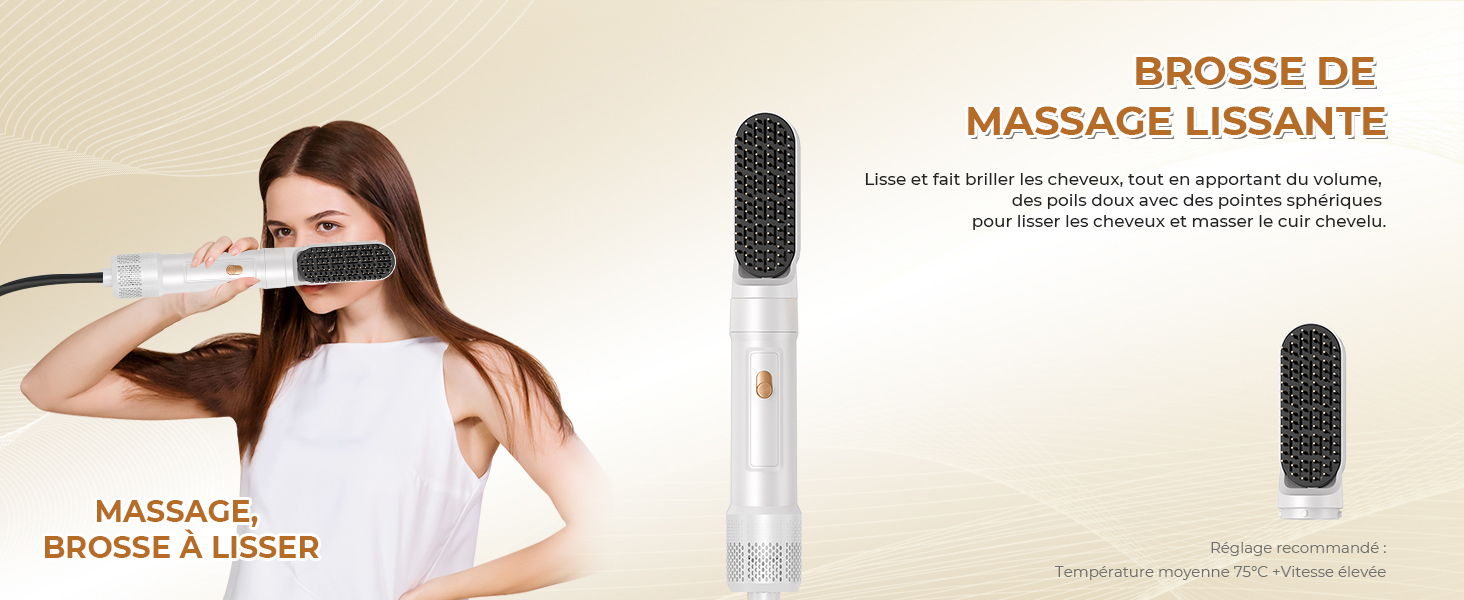 avec manche blanc et poils noirs. Femme démontrant son utilisation sur cheveux longs. Nom du produit en français : « Brosse de massage lissante » (brosse de massage