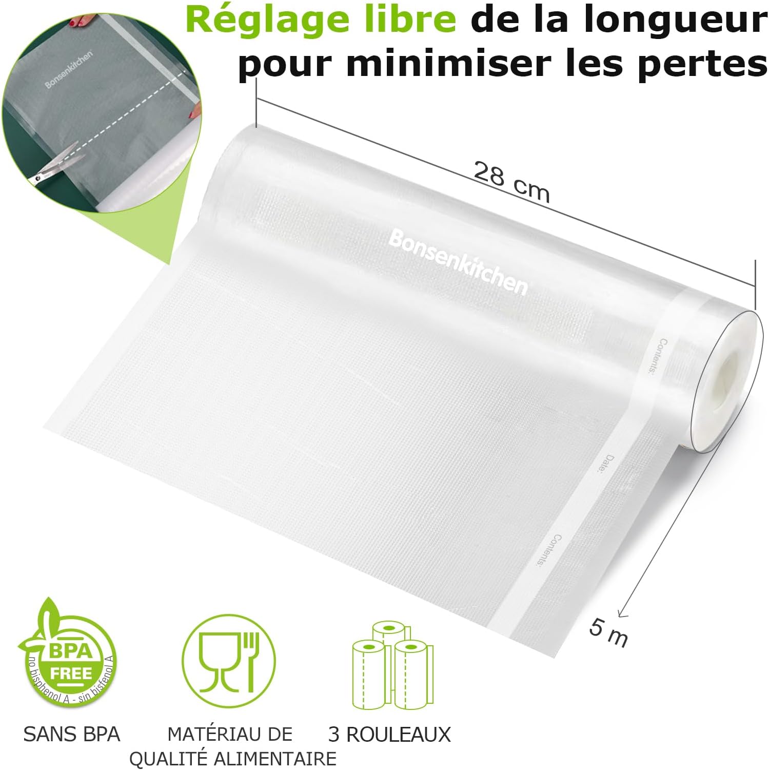 Bonsenkitchen - sacs sous vide VB41 - 28x500cm - 3 rouleaux, sans BPA