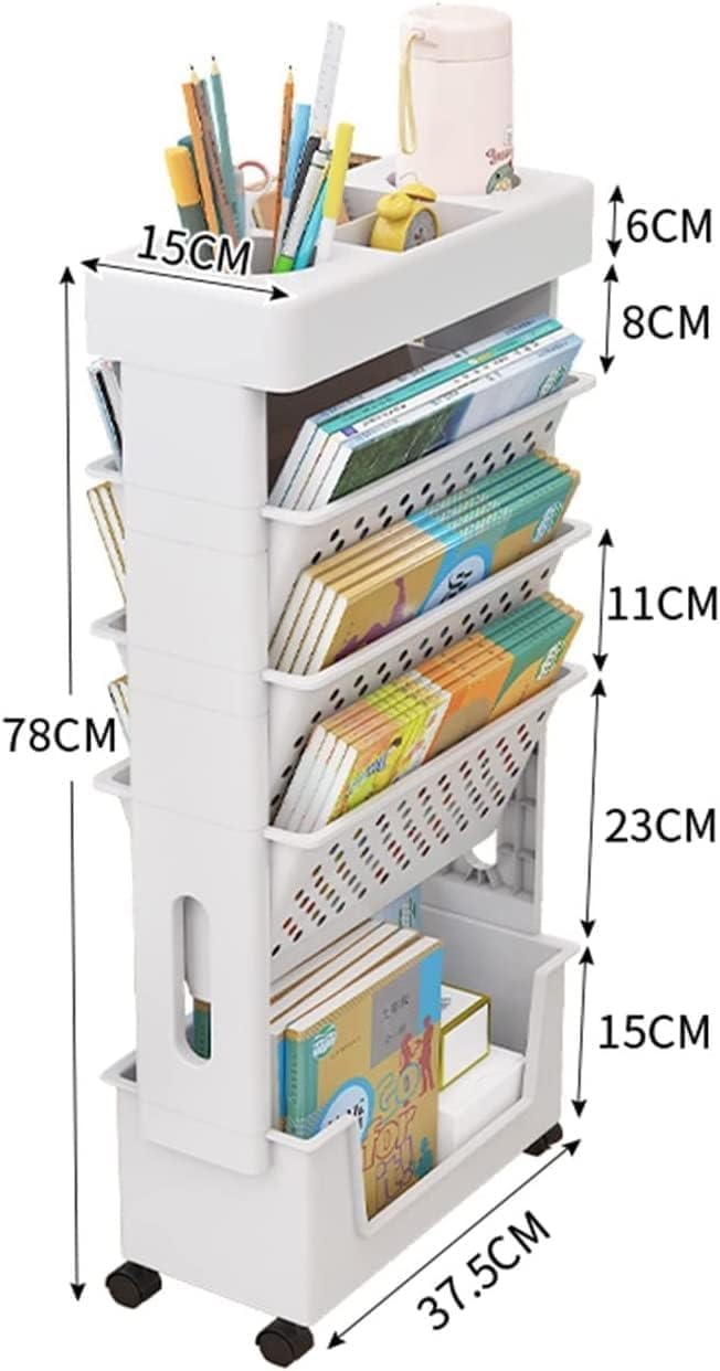 Étagère de bureau mobile - 5 niveaux - roulettes - rangement fin, organisateur porte-revues - pour classe, maison, cuisi