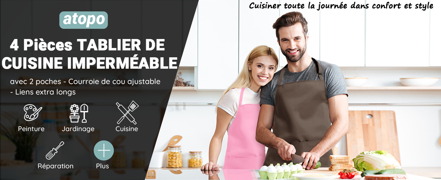 Le texte indique « 4 pièces TABLIER DE CUISINE IMPERMÉABLE ». Emballage du produit montrant des tabliers de cuisine avec un couple en train de cuisiner en arrière-plan.