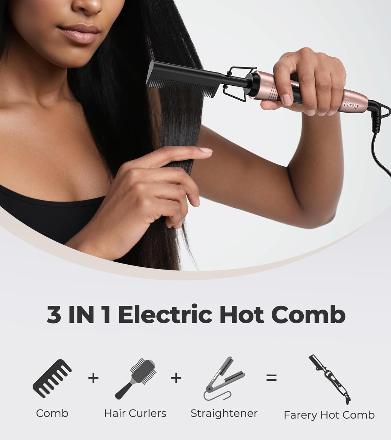 Farery – Peigne Chauffant Lisseur – Temp. réglable, arrêt auto, double tension