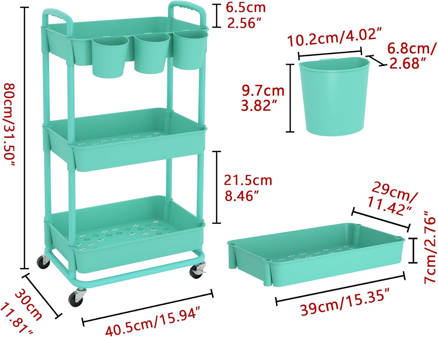 JIUYOTREE - chariot à roulettes 3 niveaux, vert, ventouses, roues verrouillables, compact