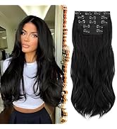 Démonstration du produit d'extensions de cheveux à clipser noires, présentant un style long et droit avec une brillance et un volume naturels.
