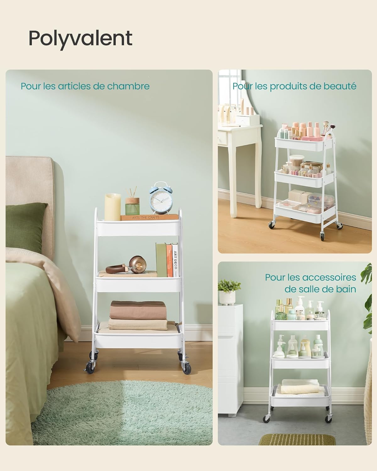 SONGMICS - chariot à 3 niveaux, métal, poignées, freins, facile à monter, BSC068W01