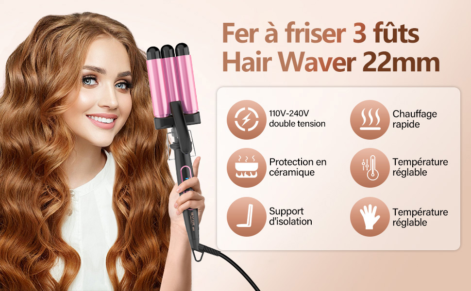 à trois barillets de 22 mm avec barils roses, dotée d'un revêtement en céramique, d'une température réglable et d'une capacité à double