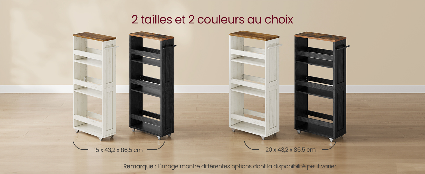 Le texte se lit comme suit : « 2 tailles et 2 couleurs au choix ». Plusieurs images de produits montrant des étagères de rangement modulaires aux finitions blanches et noires avec différentes options de hauteur.