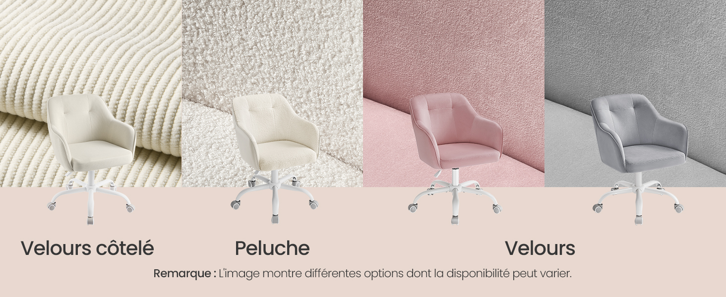 Le texte indique « Velours côtelé », « Peluche » et « Velours ». Comparaison de la texture des tissus montrant différents échantillons de peluches et de velours dans les tons beige et rose.