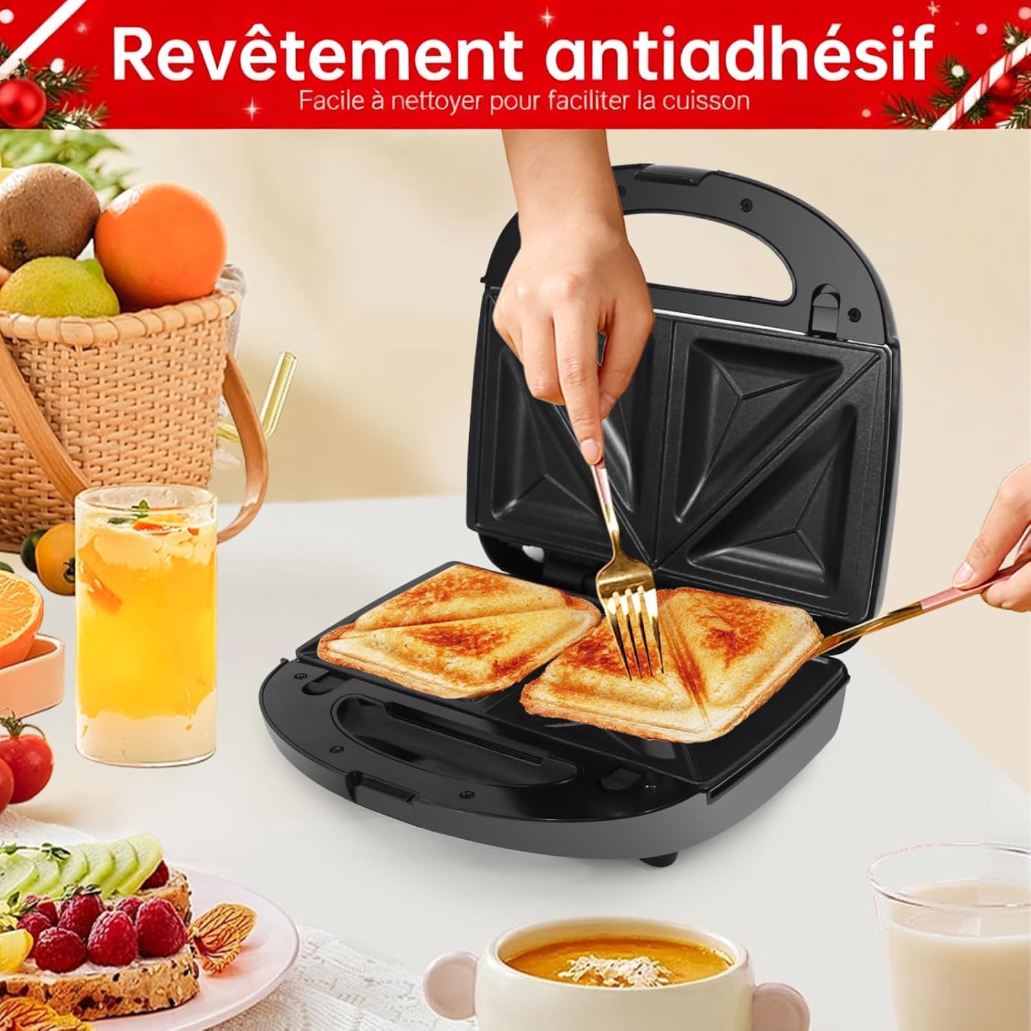 Appareil à Croque Monsieur 3 en 1 - 750W, plaques antiadhésives, noir, gaufres/Sandwich/Grill