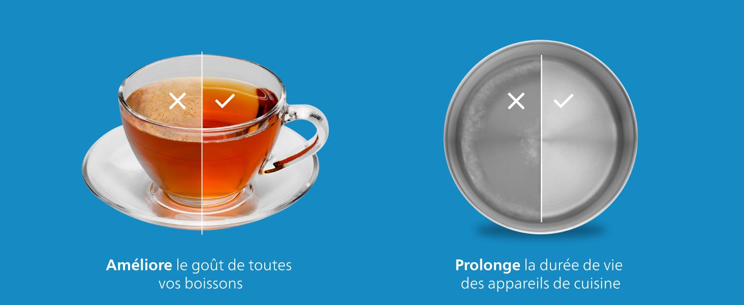 Le texte indique « Améliore le goût de toutes vos boissons » et « Prolongez la durée de vie de vos capsules durables ». Images de comparaison montrant des tasses à thé avec et sans filtre.