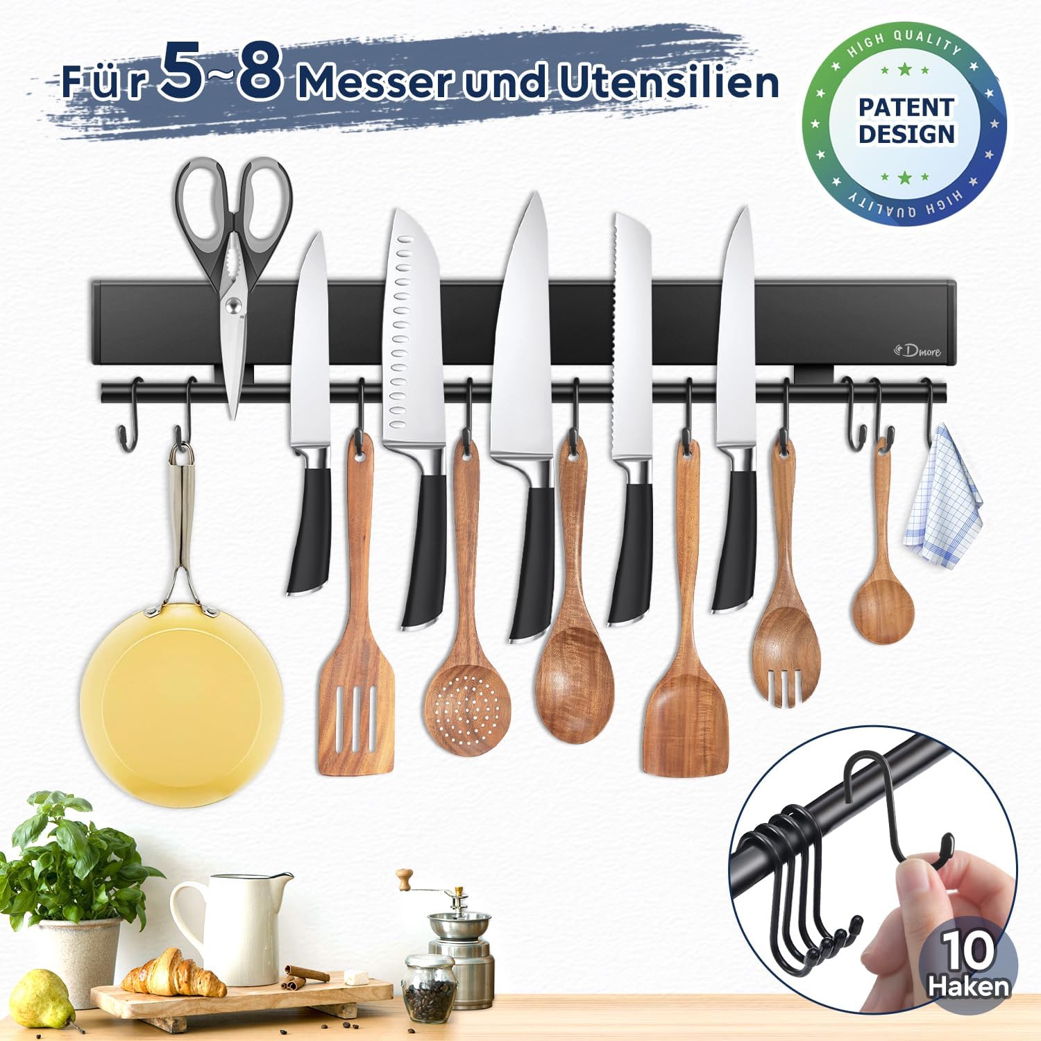 Dmore - Barre magnétique noire 43 cm, 10 crochets, adhésif inclus