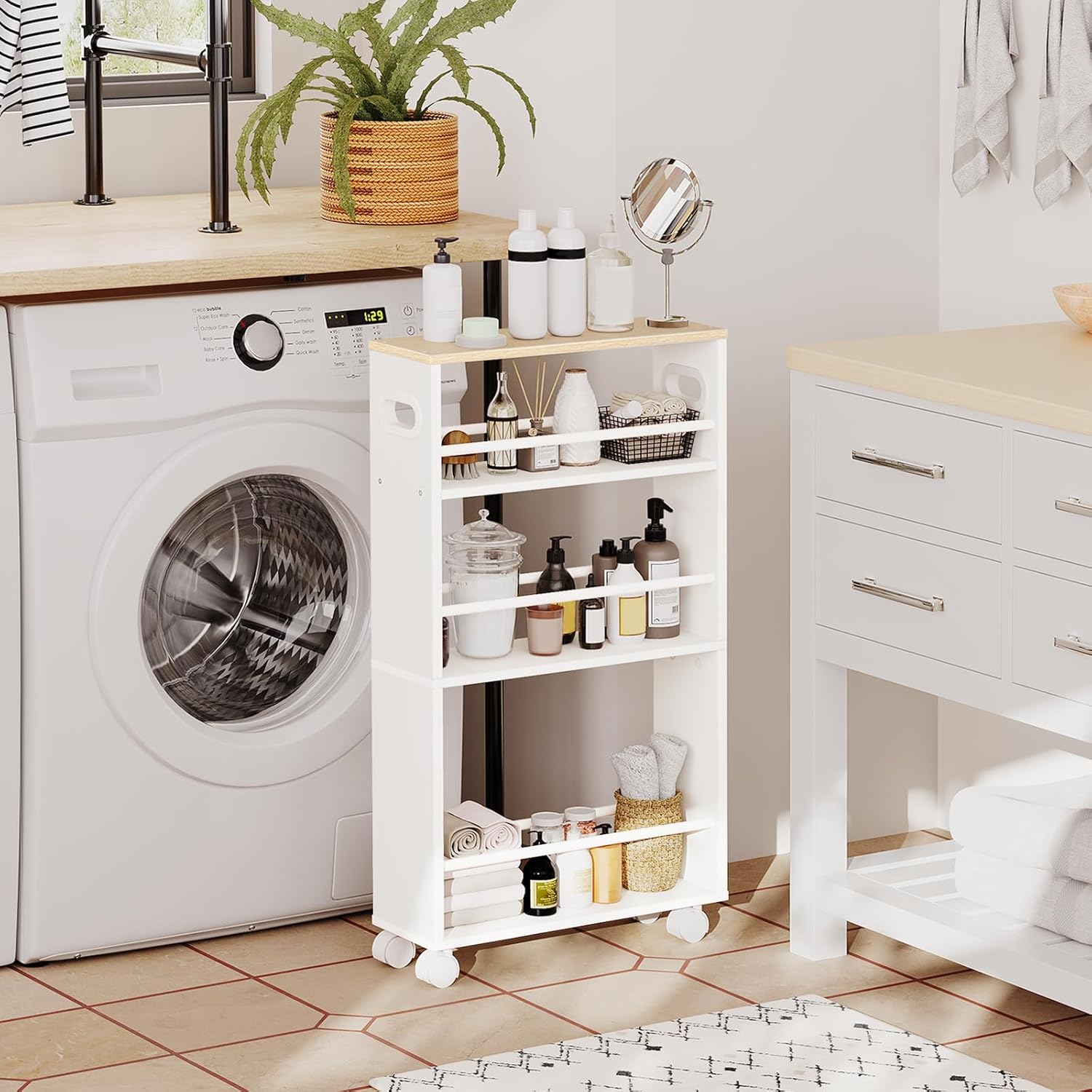 HOOBRO - desserte 4 niveaux, poignées, roulettes, blanc/bois, EWN15TC01