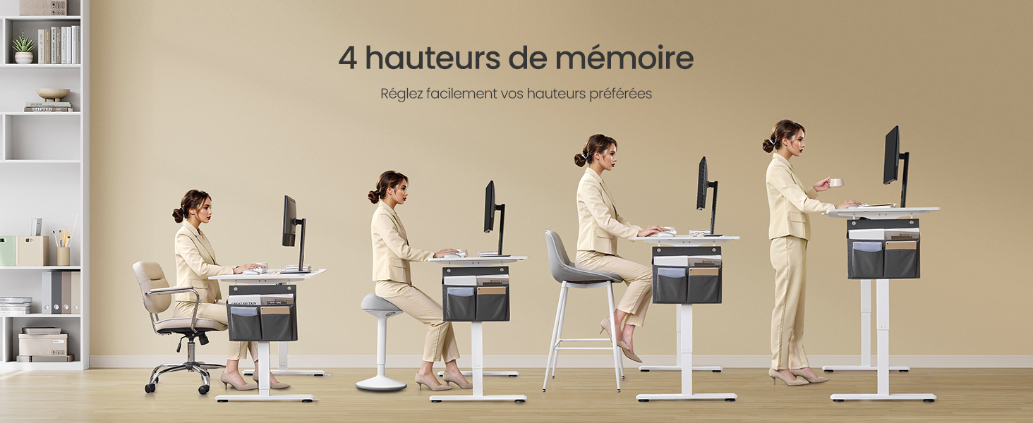 Démonstration de bureau réglable en hauteur montrant quatre positions différentes, illustrant les réglages de hauteur de mémoire dans un