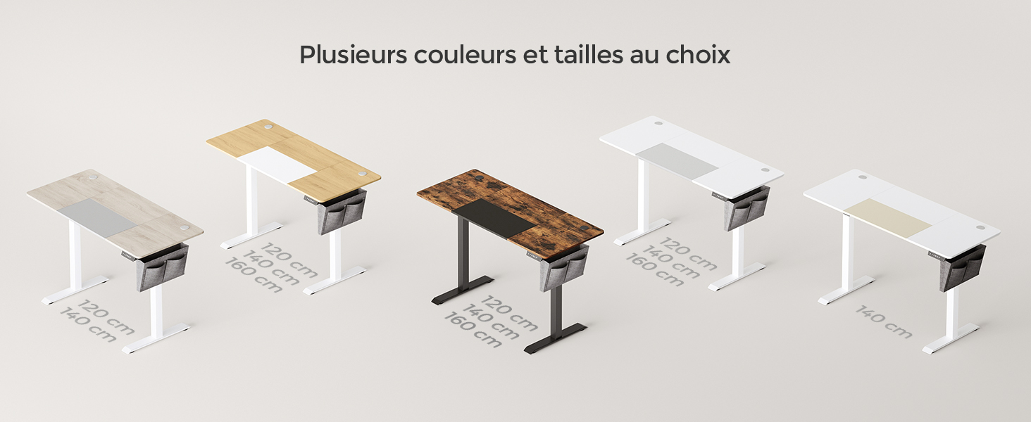 Bureaux réglables en hauteur avec différentes couleurs et finitions de table. Cinq modèles présentés, dotés de cadres blancs et de différentes surfaces boisées.