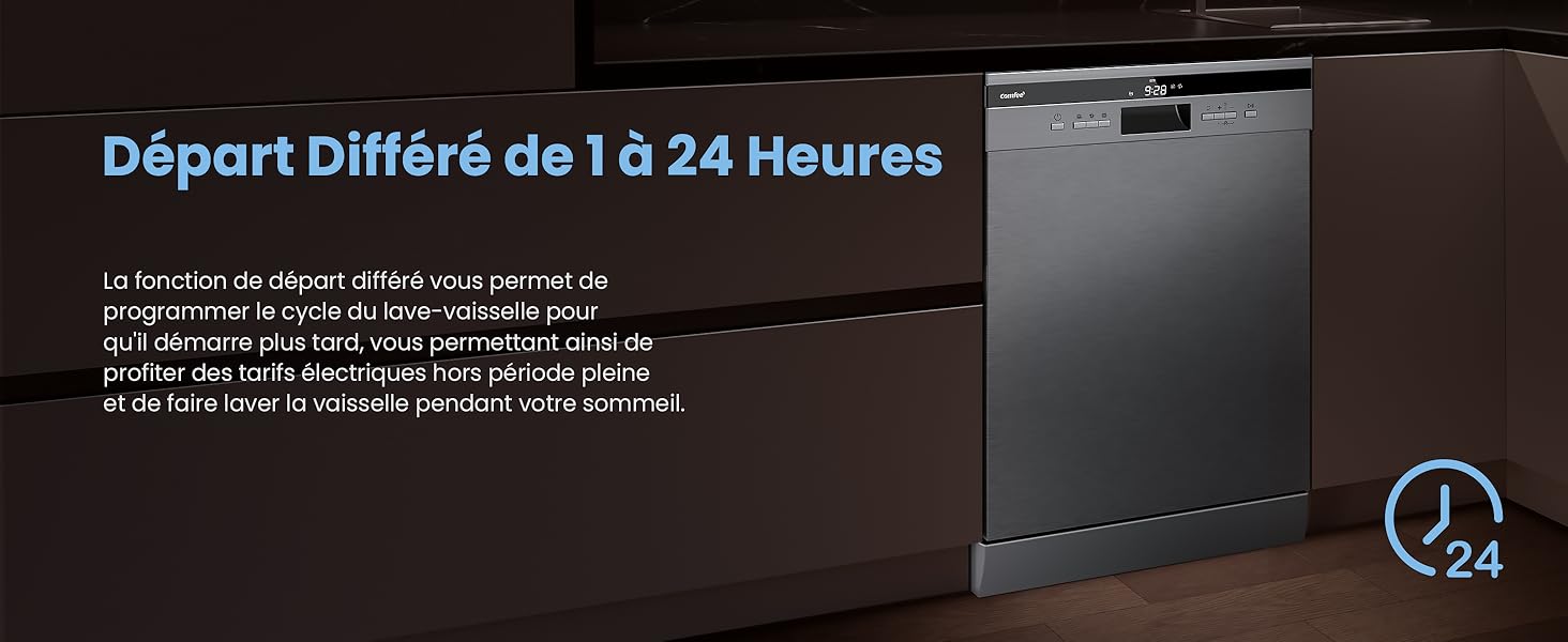 installé dans des armoires de cuisine en bois foncé. Le texte bleu et l'icône de l'horloge indiquent une fonction de démarrage différé de 1 à 24 heures.
