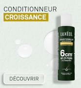 Le texte indique « CONDITIONNEUR CROISSANCE » et « DECOUVRIR ». L'image du produit montre des récipients en verre ou en plastique verts avec l'emballage du produit sur fond clair.