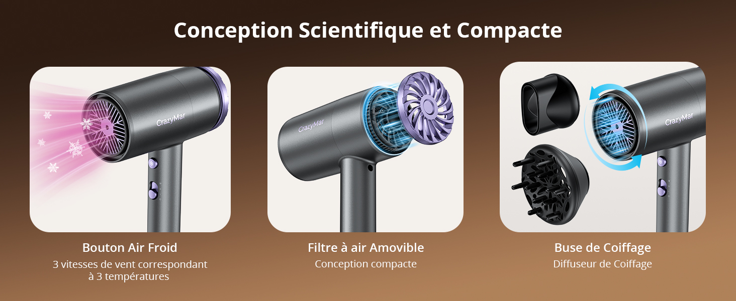 Le texte se lit comme suit : « Conception Scientifique et Compacte ». Démonstration des caractéristiques du produit montrant différents accessoires de brosse et composants mécaniques de ce qui semble être un outil de coiffage.