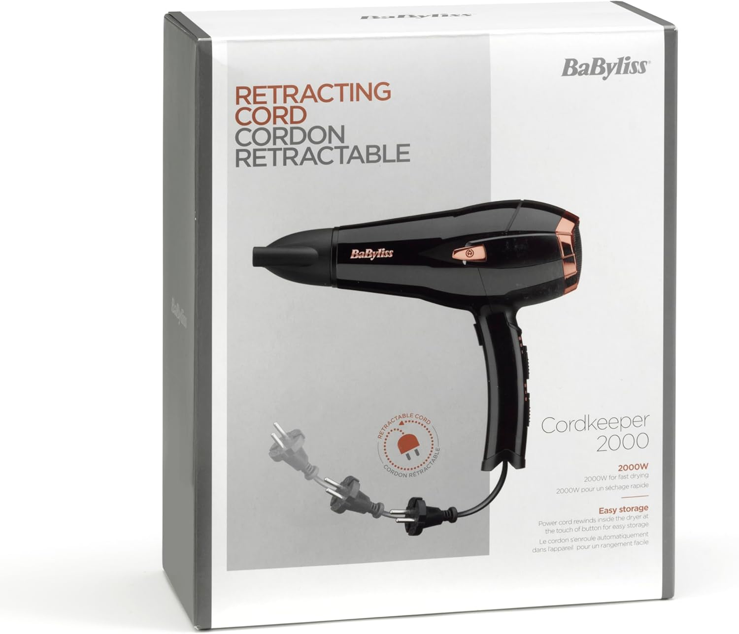 BaByliss - Cordkeeper sèche-cheveux 2000W, ionique, 3 temp., câble rétractable, D373E