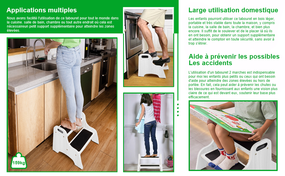 montrant les multiples utilisations d'un escabeau blanc, notamment pour atteindre les armoires de cuisine, accéder à des étagères hautes et comme aide à la sécurité pour les baignoires