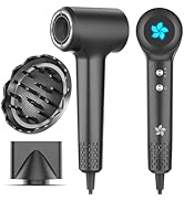 Sèche-cheveux noir avec plusieurs accessoires illustrés, avec poignée texturée et indicateur LED bleu du ventilateur sur le panneau de commande.