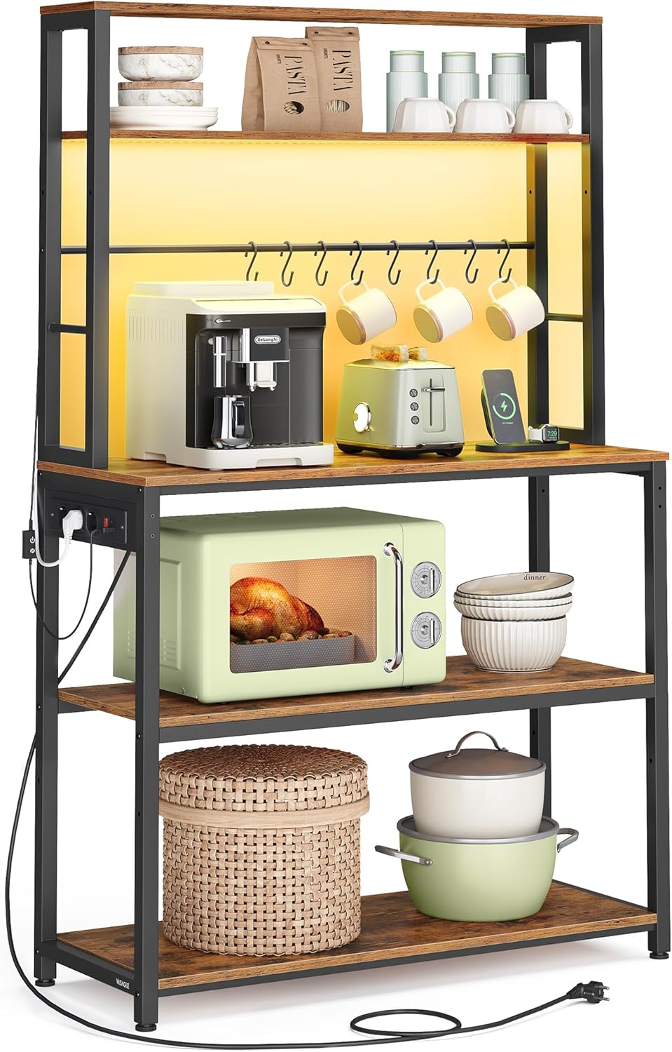 VASAGLE - étagère cuisine LED, multiprise, 8 crochets, étagères réglables, 40x80x168,4 cm - KKS050KD01