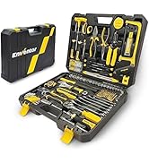 Trousse à outils noire et jaune montrant les différentes étapes d'ouverture, contenant divers outils à main et équipements dans des compartiments organisés.